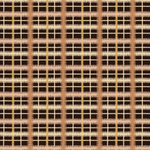 Detail of fabric in a squiggly check pattern in cream, brown and yellow on a black field.