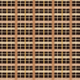 Detail of fabric in a squiggly check pattern in cream, brown and yellow on a black field.
