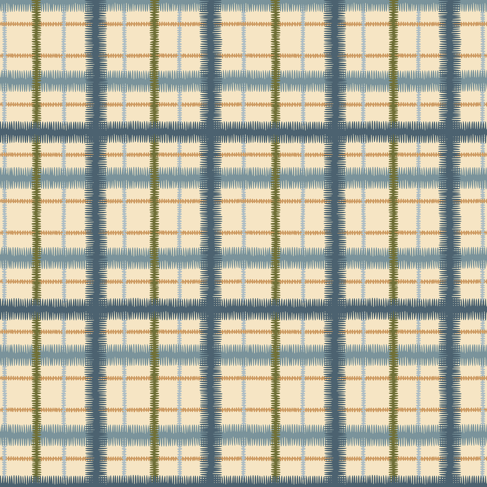 Scaled-out view of fabric in a squiggly check pattern in blue, green and gold on a light yellow field.