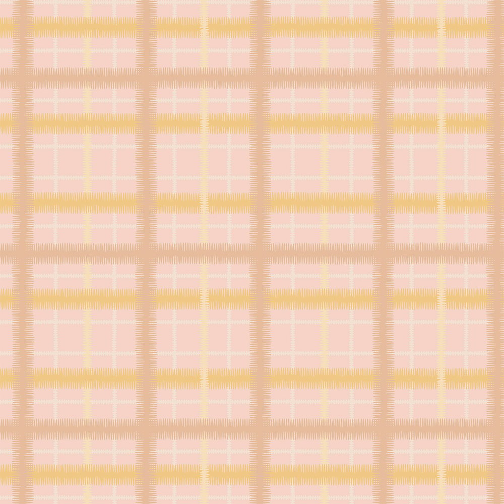 Scaled-out view of wallpaper in a squiggly check pattern in cream, brown and yellow on a pink field.