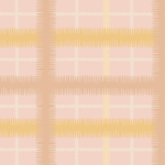 Detail of fabric in a squiggly check pattern in cream, brown and yellow on a pink field.