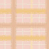 Detail of fabric in a squiggly check pattern in cream, brown and yellow on a pink field.