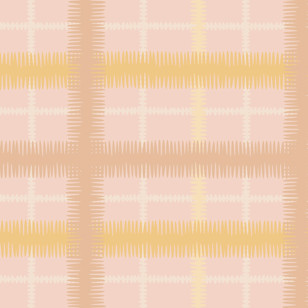 Detail of wallpaper in a squiggly check pattern in cream, brown and yellow on a pink field.