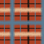 Detail of wallpaper in a squiggly check pattern in blue, cream and black on a red field.