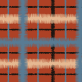 Detail of wallpaper in a squiggly check pattern in blue, cream and black on a red field.