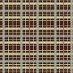 Scaled-out view of fabric in a squiggly check pattern in blue, green and cream on a brown field.