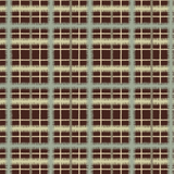 Scaled-out view of fabric in a squiggly check pattern in blue, green and cream on a brown field.