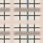 Detail of wallpaper in a squiggly check pattern in pink, blue and brown on a light blue field.