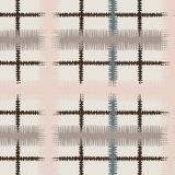 Detail of wallpaper in a squiggly check pattern in pink, blue and brown on a light blue field.
