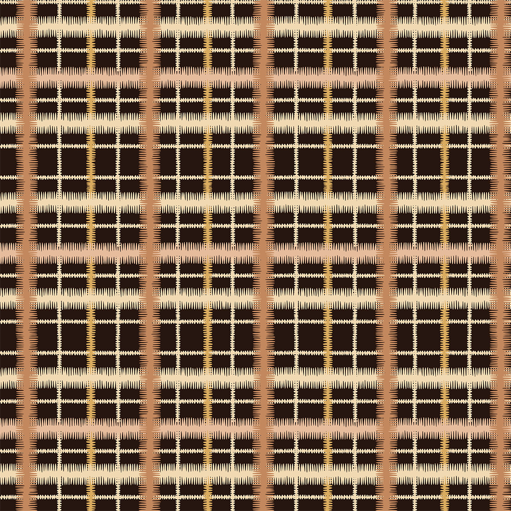 Scaled-out view of fabric in a squiggly check pattern in cream, brown and yellow on a black field.