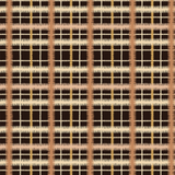 Scaled-out view of fabric in a squiggly check pattern in cream, brown and yellow on a black field.