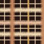 Detail of fabric in a squiggly check pattern in cream, brown and yellow on a black field.