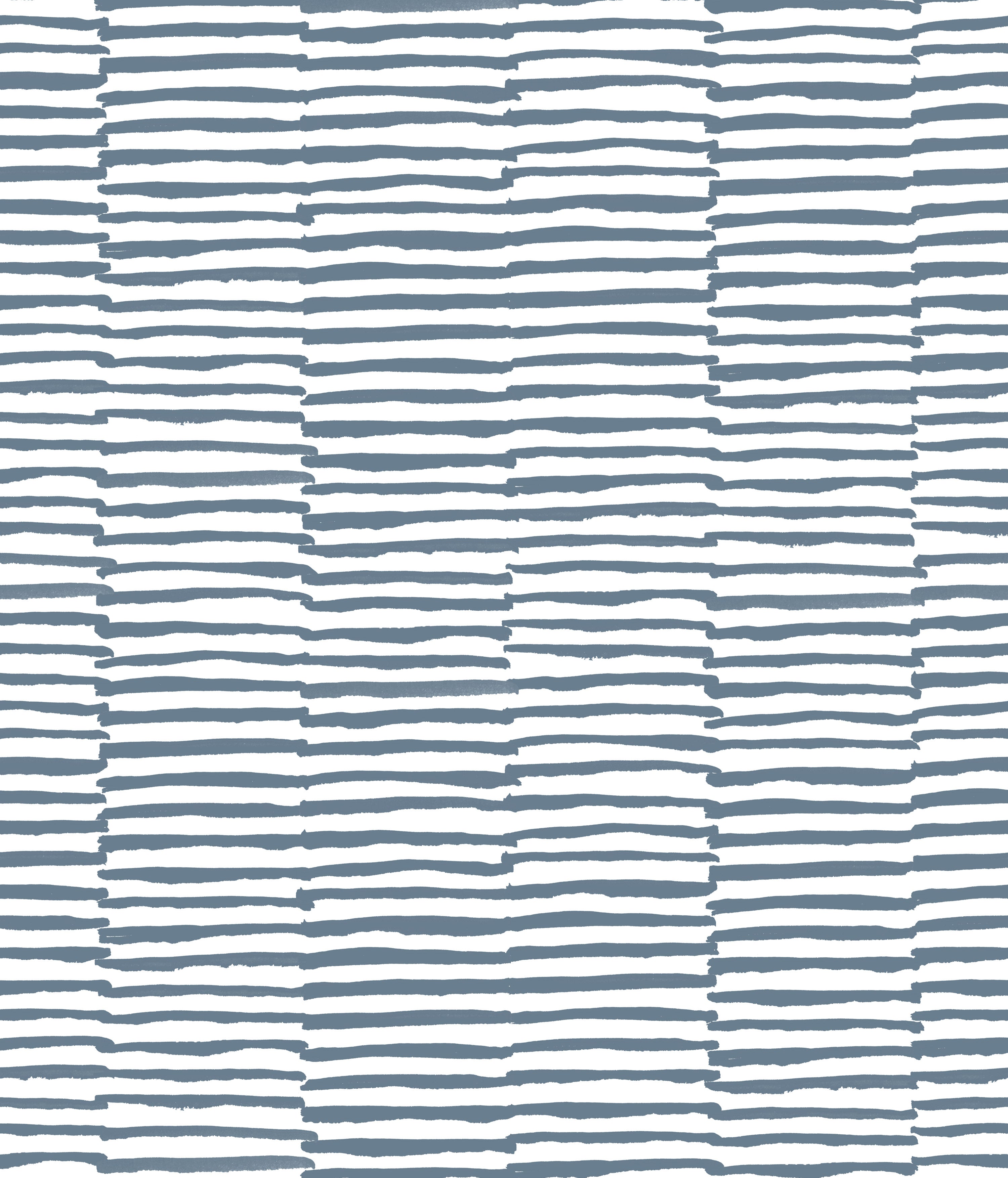 Detail of wallpaper in a broken stripe print in navy on a white field.