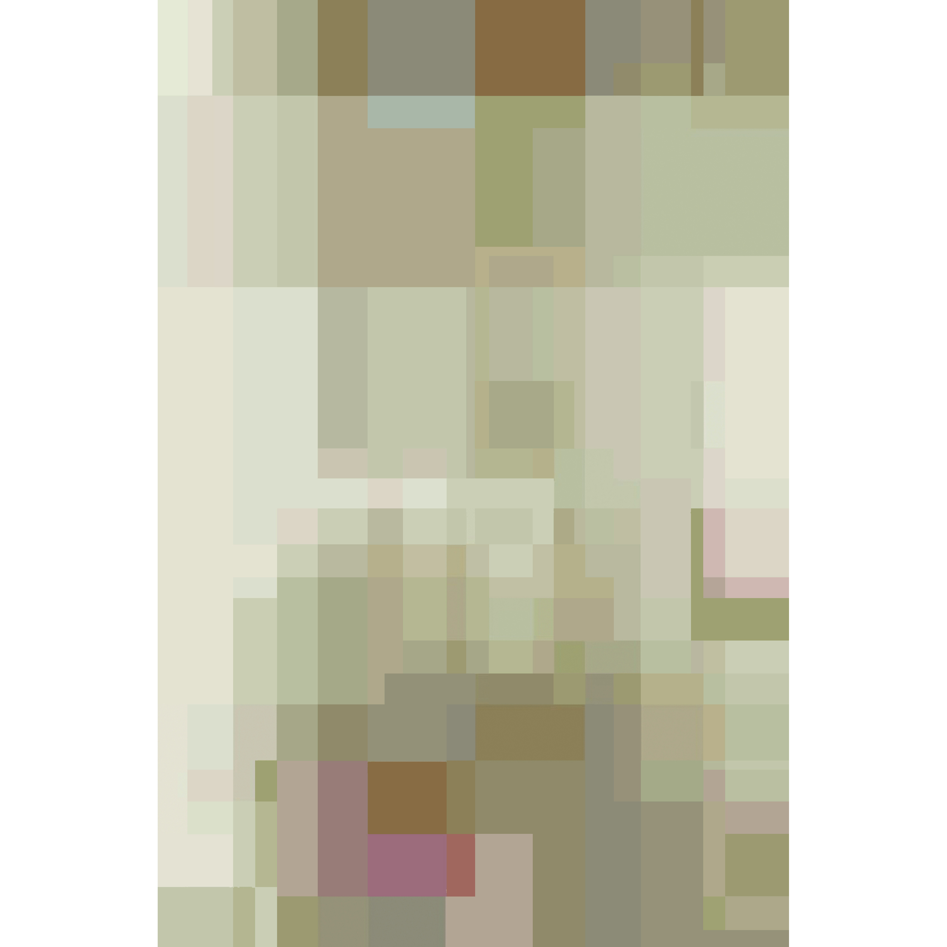 Artwork rendering of a handknotted rug in a graphic geometric design in layered shades of a green, taupe and warm pink.