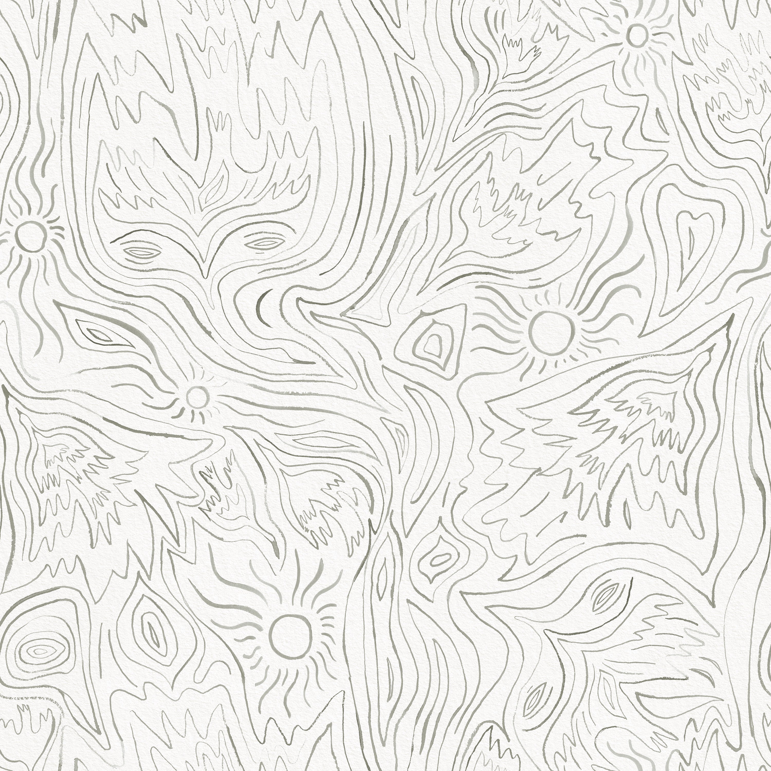 Detail of wallpaper in a playful abstract sun print in gray on a cream field.