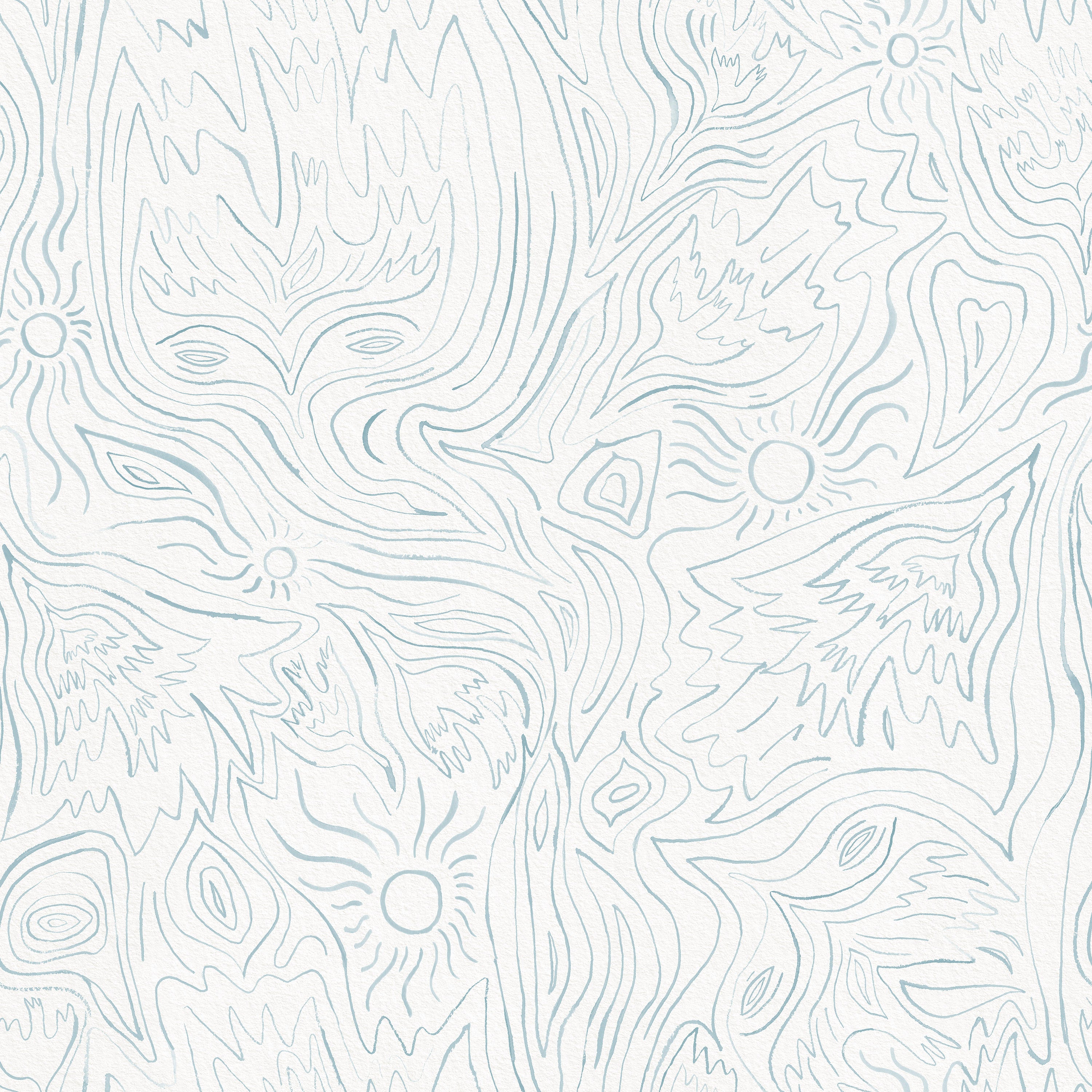 Detail of wallpaper in a playful abstract sun print in light blue on a white field.