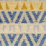 Flatweave rug in a playful geometric stripe design in yellow, blue and lilac on a beige field