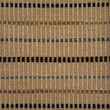 Textural flatweave rug with a dashed stripe design in brown, rust, tan, blue and teal on a tan field.