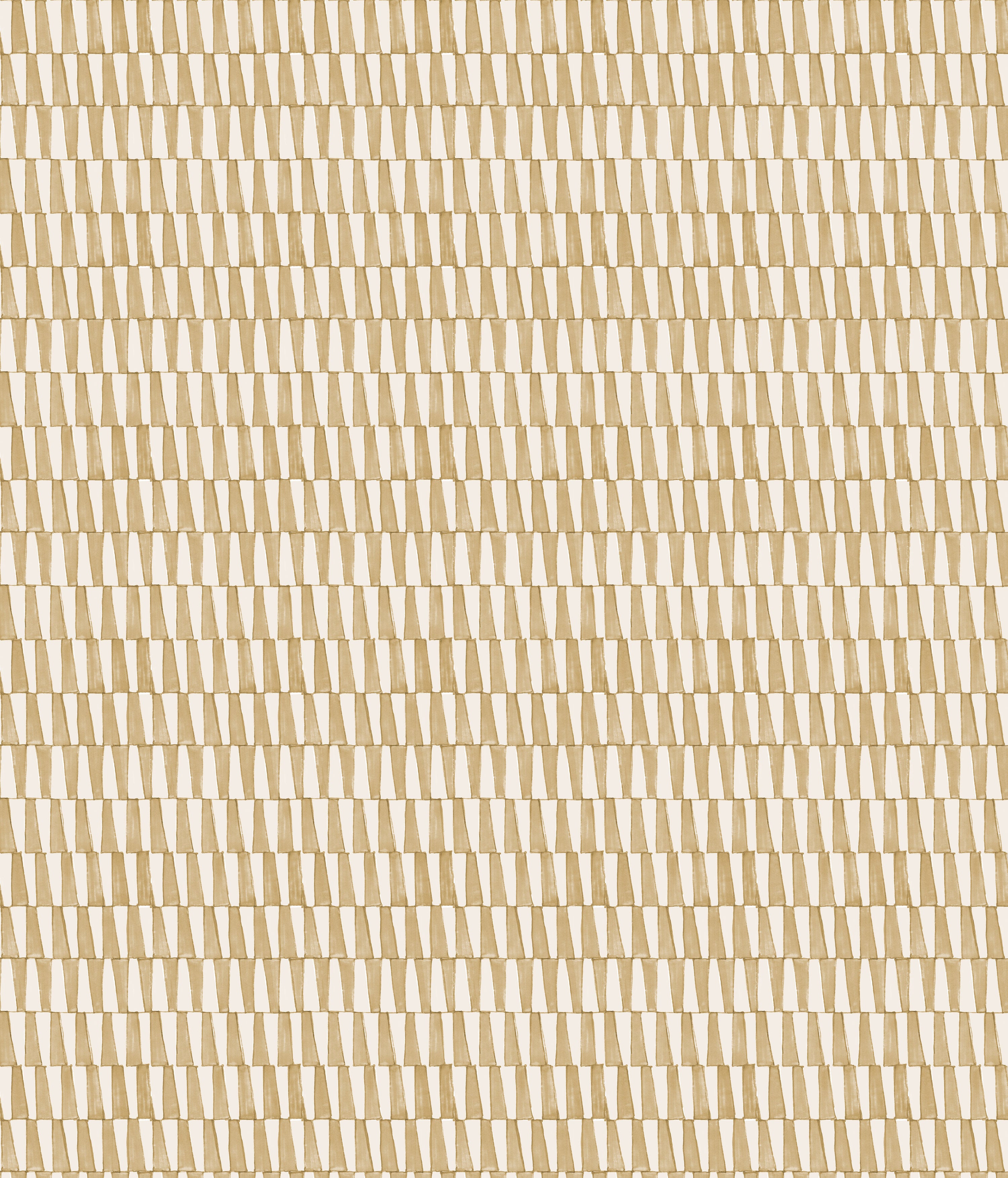Detail of wallpaper in a playful triangular stripe print in tan and light brown.