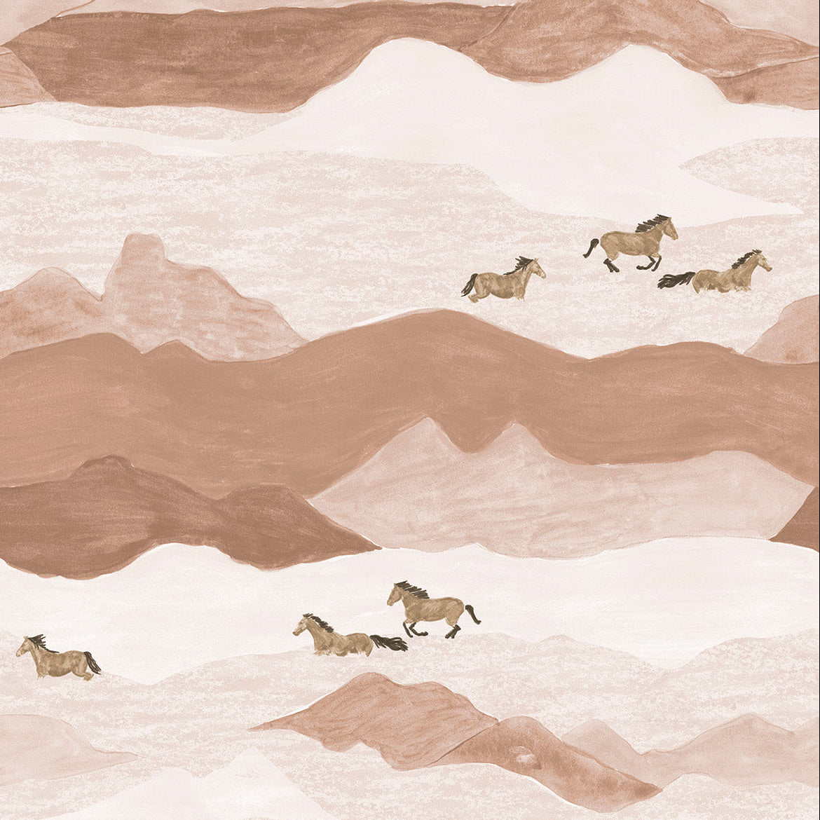 Horses running through a mountainous landscape with wavy lines.