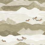 Illustration of horses running through a mountainous landscape with wavy lines.