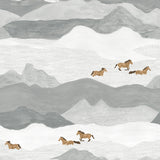 Horses in a grey painterly mountain landscape