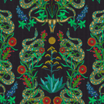 Detail of fabric in a statement desert print with snakes, cow skulls and flowering plants. Field is black.
