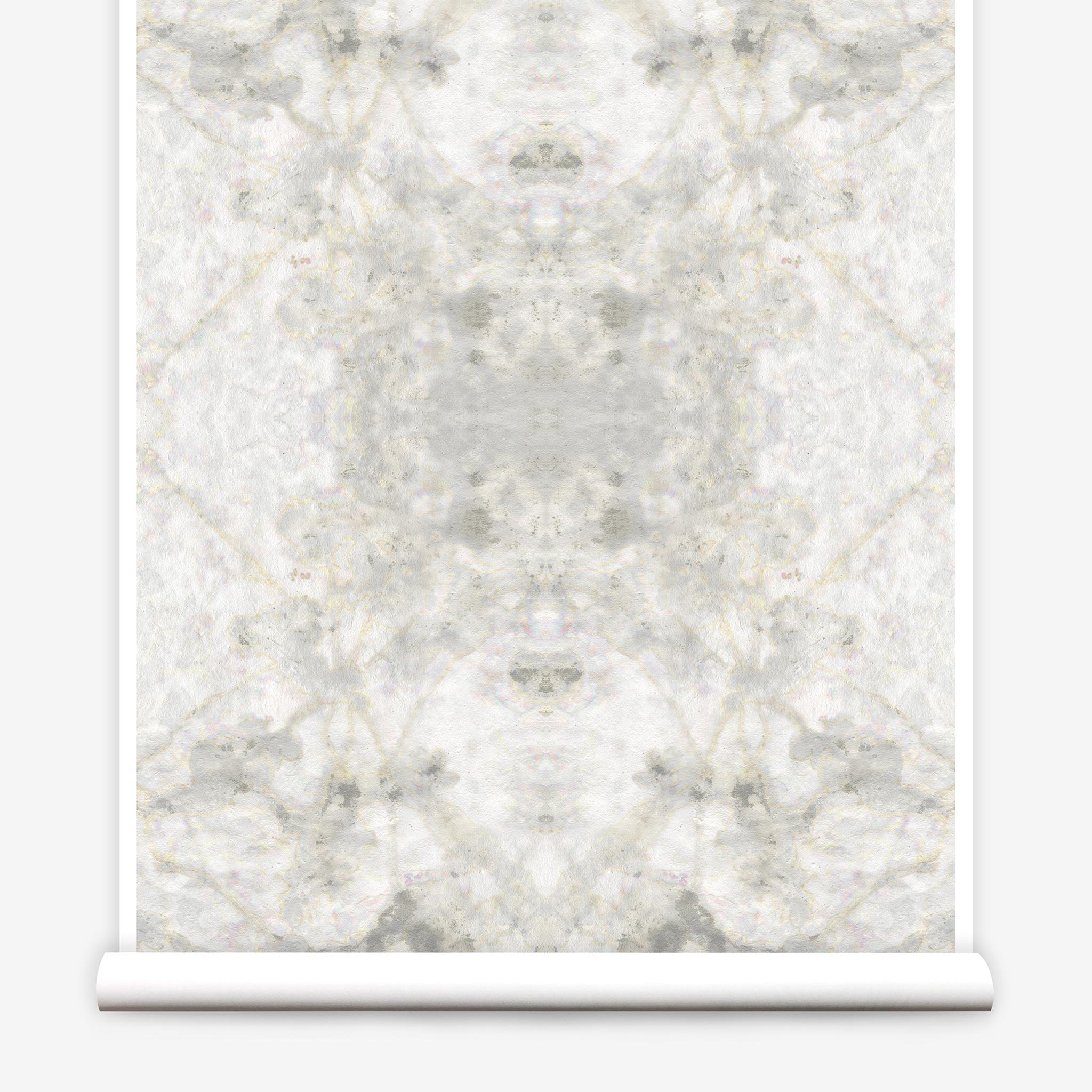Partially unrolled wallpaper yardage in a watercolor textural print in shades of cream, gray and tan.
