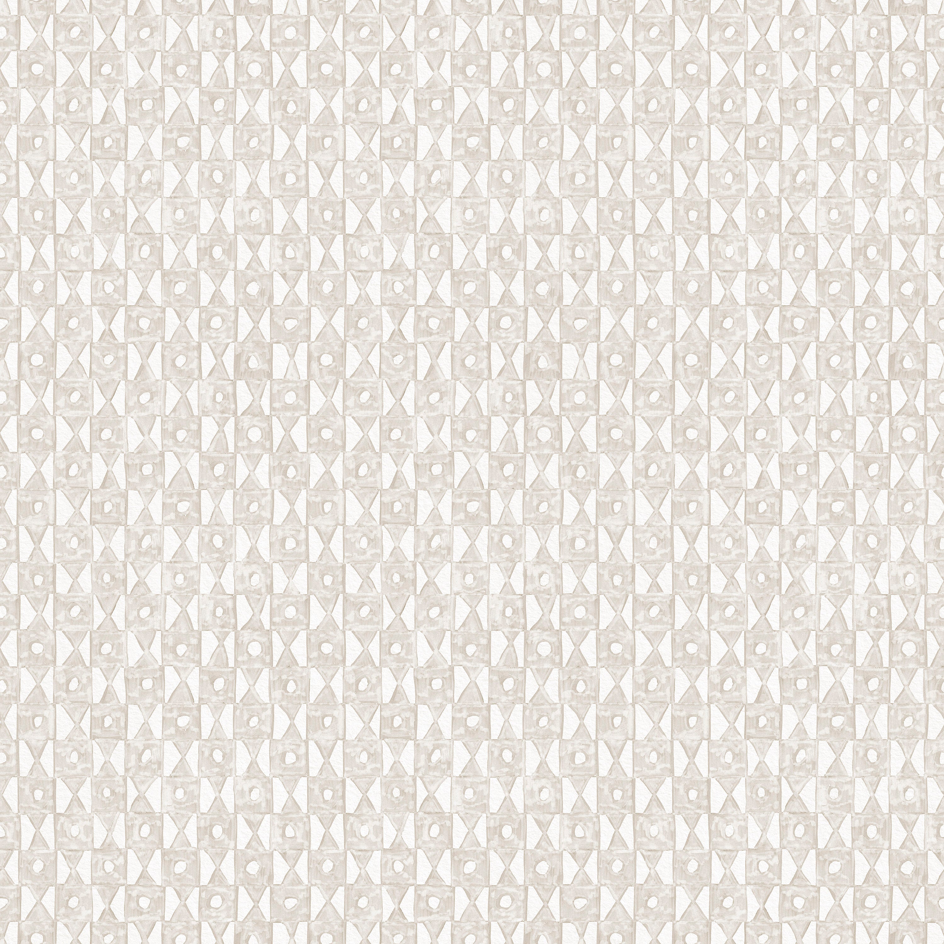 Detail of wallpaper in a geometric grid print in cream on a white field.