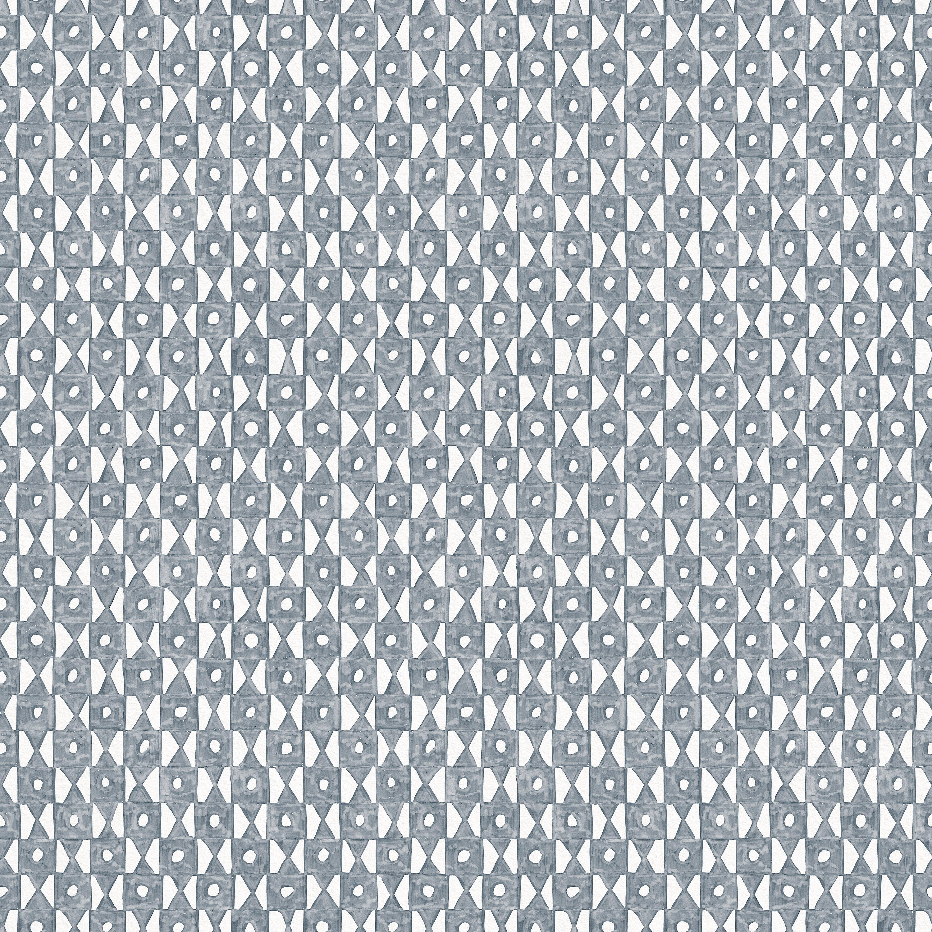 Detail of wallpaper in a geometric grid print in navy on a white field.