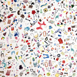 Detail of wallpaper in a playful illustrated "stuff" print in multicolor pastels on a white field.