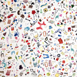 Detail of wallpaper in a playful illustrated "stuff" print in multicolor pastels on a white field.