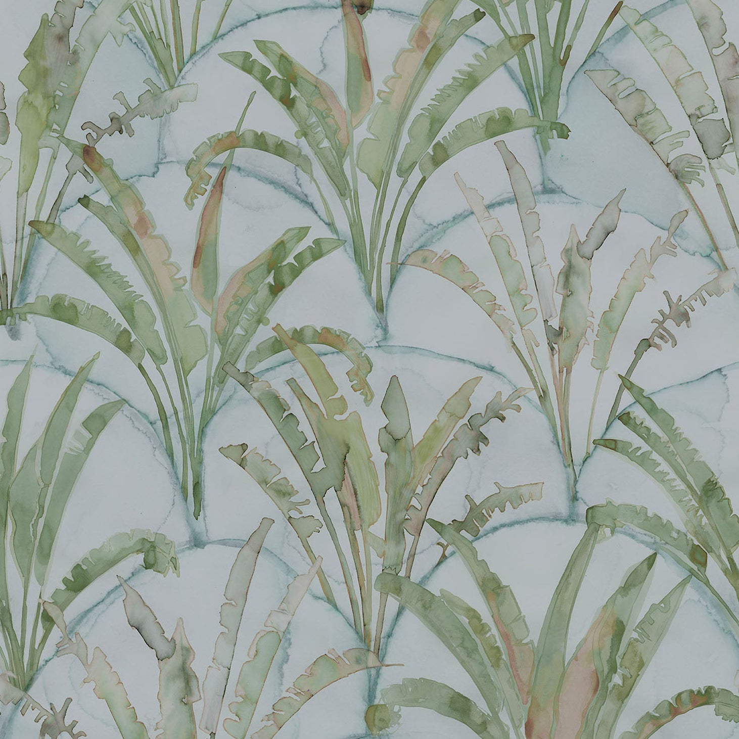 Detail of wallpaper in a painterly palm tree pattern in shades of green and brown on a blue-gray field.