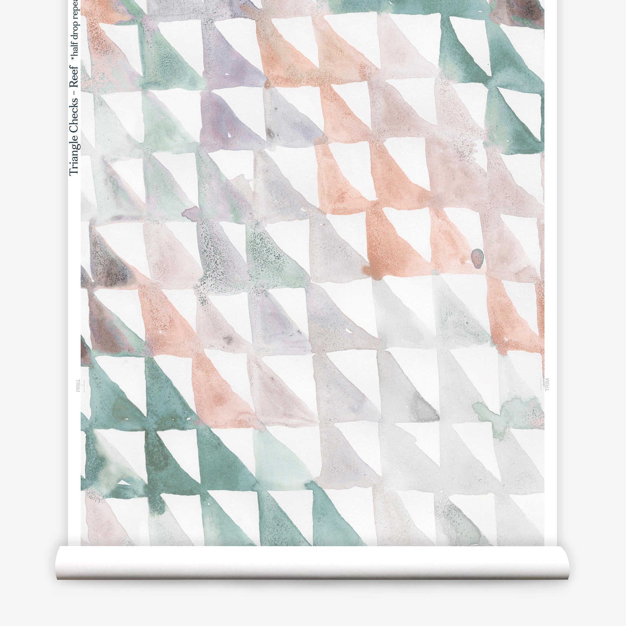 Partially unrolled wallpaper yardage in a painterly check pattern in shades of coral, purple, green and white.