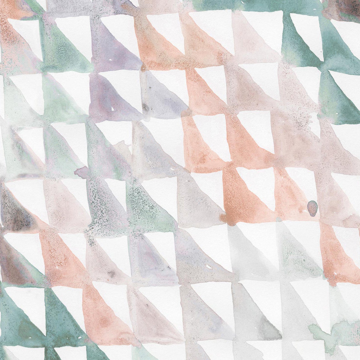 Detail of wallpaper in a painterly check pattern in shades of coral, purple, green and white.