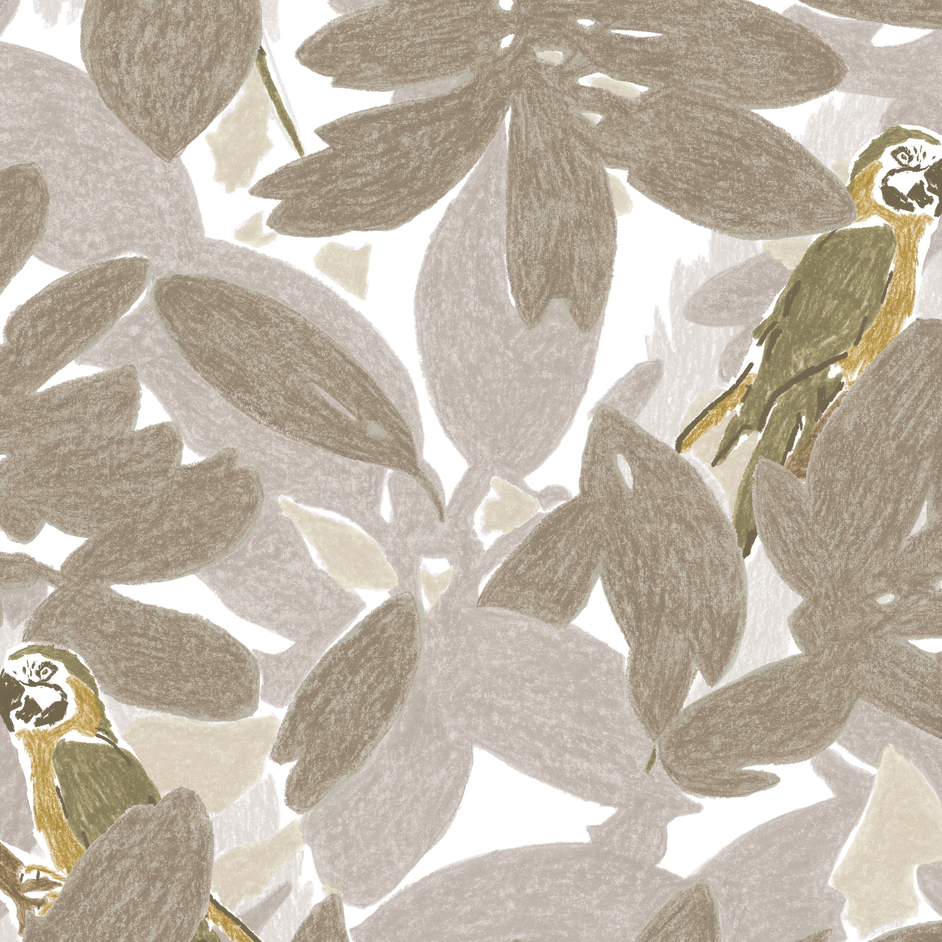 Detail of fabric in a playful botanical and parrot print in shades of gray, brown and yellow on a white field.