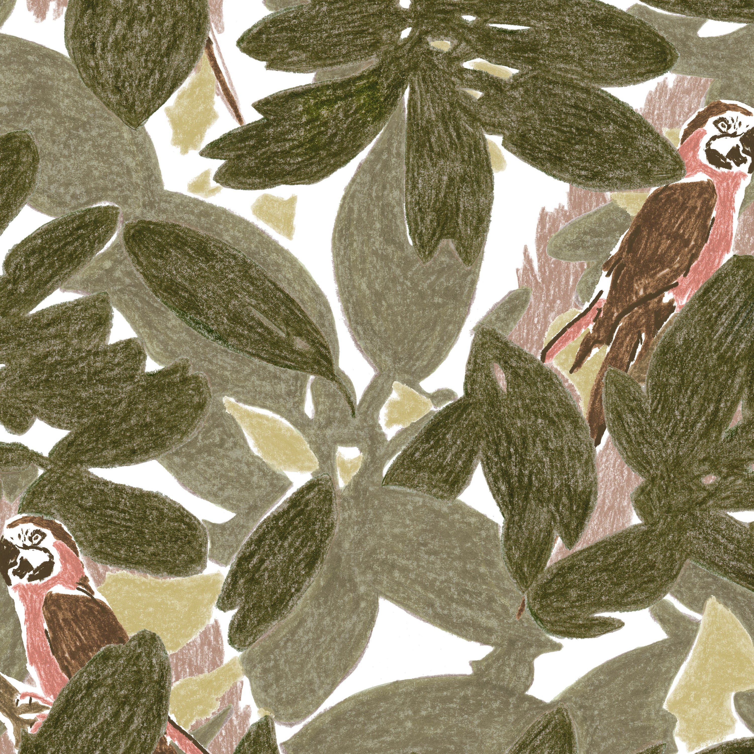 Detail of fabric in a playful botanical and parrot print in shades of green, brown and pink on a white field.