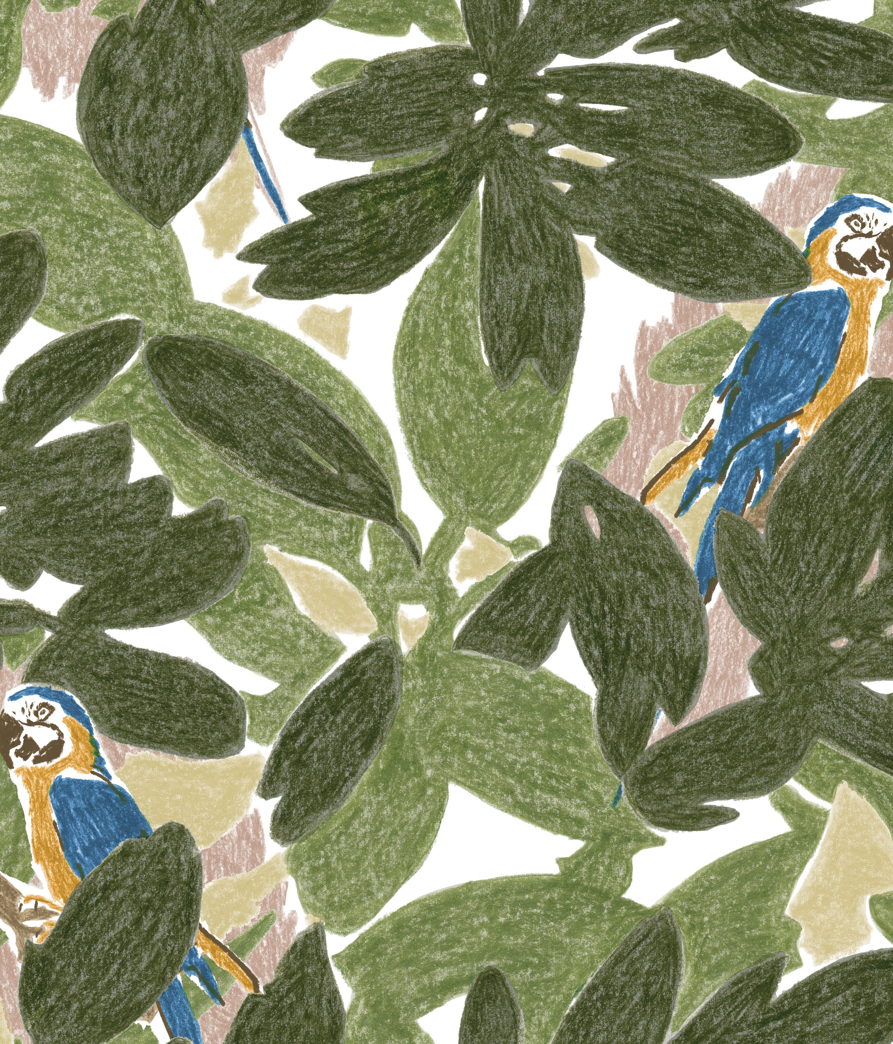 Detail of fabric in a playful botanical and parrot print in shades of green, blue and yellow on a white field.