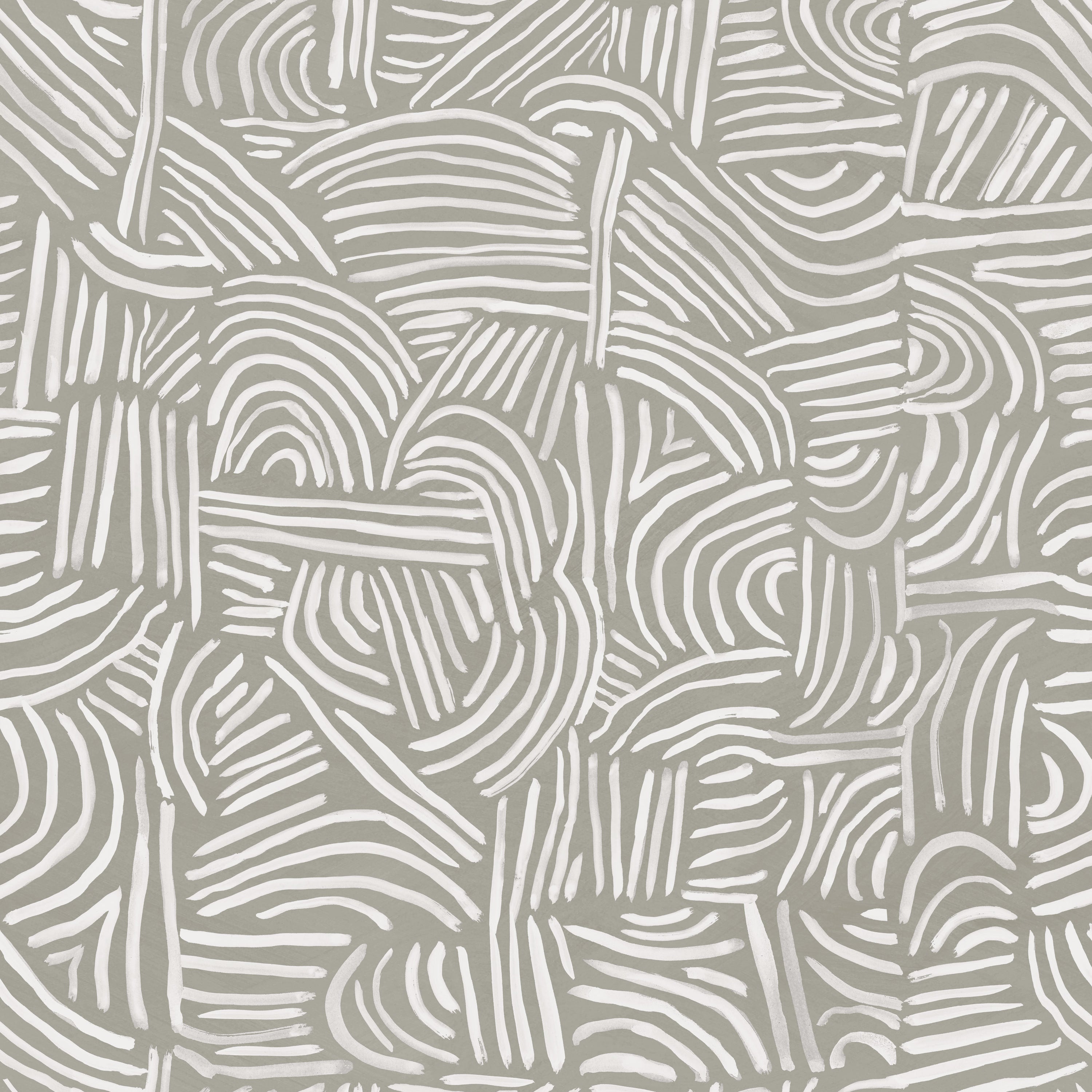 Detail of wallpaper in an abstract linear print in white on a sage field.
