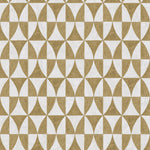 Detail of wallpaper in a curvilinear grid print in mustard on a white field.