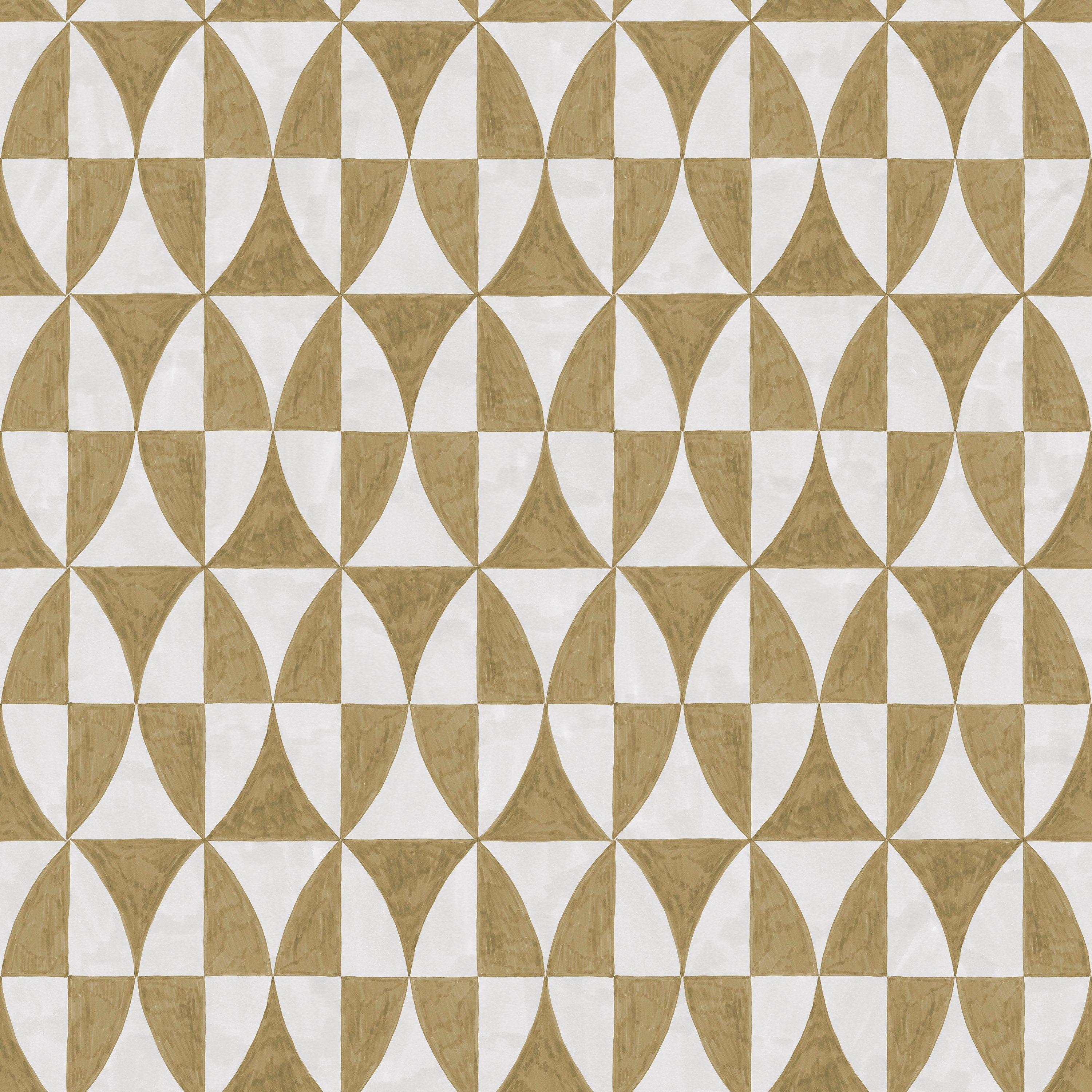 Detail of wallpaper in a curvilinear grid print in mustard on a white field.