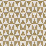 Detail of fabric in a curvilinear grid print in mustard on a white field.