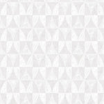 Detail of wallpaper in a curvilinear grid print in white on a light gray field.