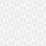 Detail of wallpaper in a curvilinear grid print in white on a light gray field.