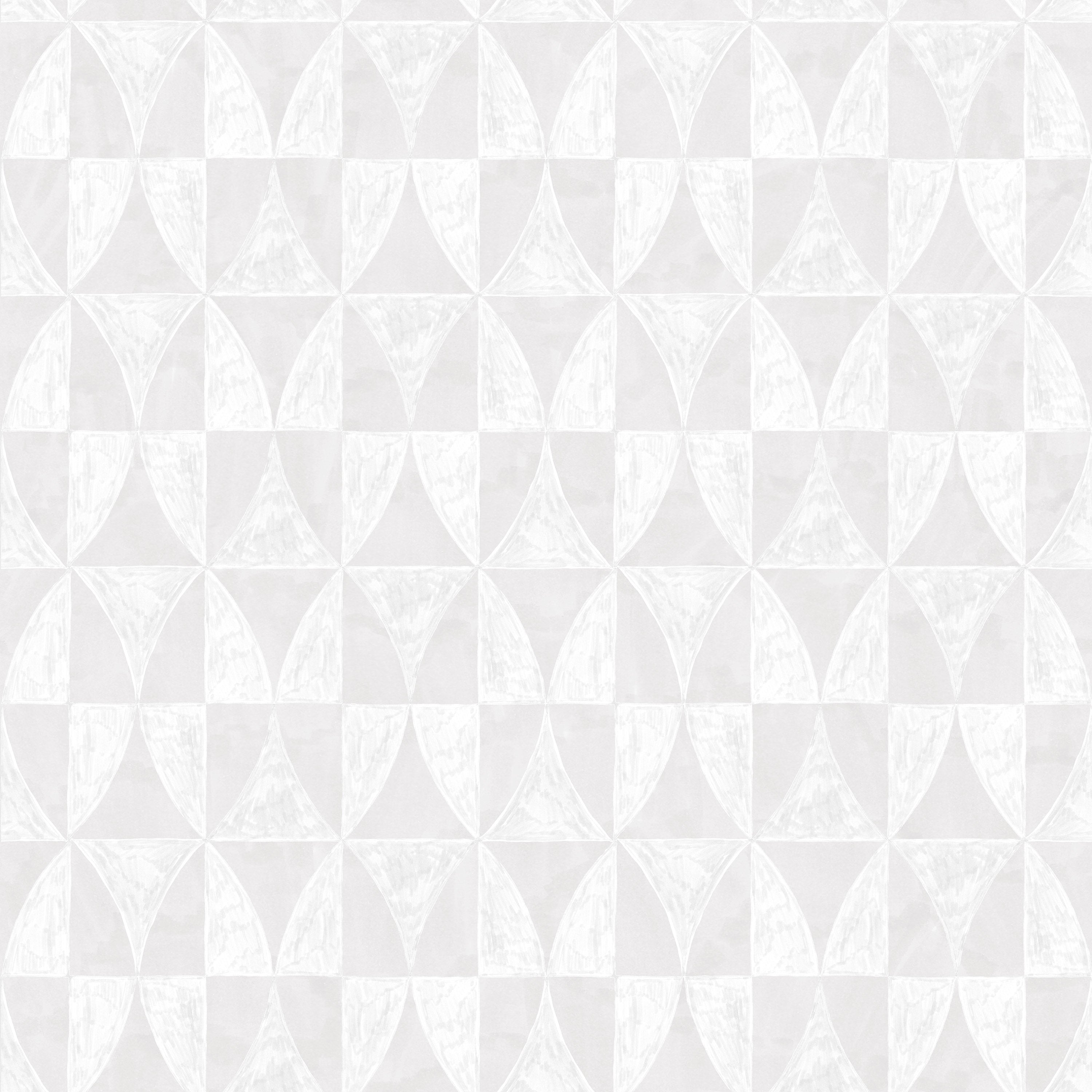 Detail of wallpaper in a curvilinear grid print in white on a light gray field.