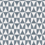 Detail of wallpaper in a curvilinear grid print in navy on a white field.