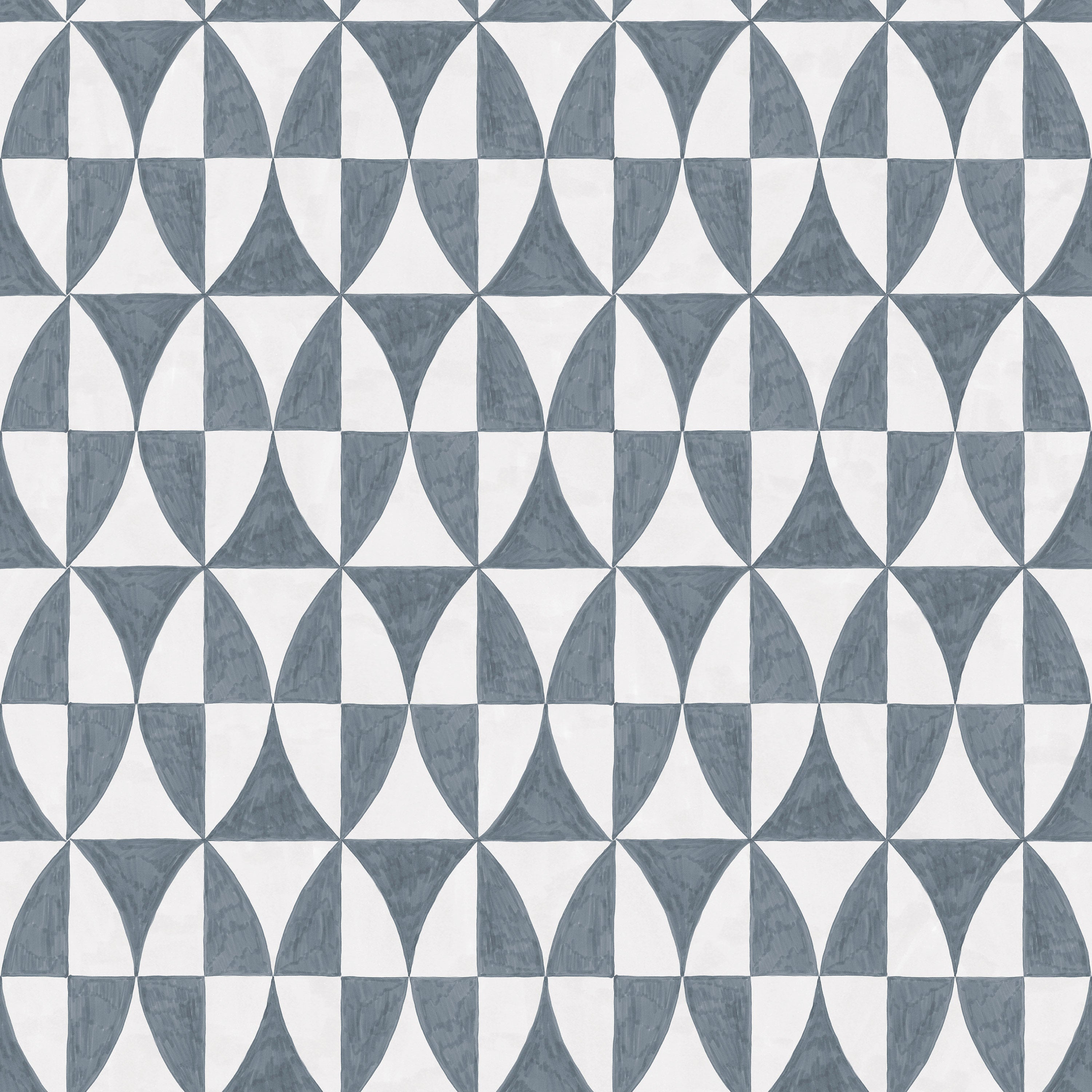 Detail of fabric in a curvilinear grid print in navy on a white field.