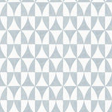 Detail of wallpaper in a curvilinear grid print in light blue on a white field.