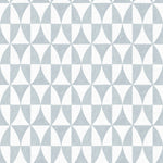 Detail of fabric in a curvilinear grid print in light blue on a white field.