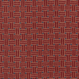 Embroidered fabric in a dashed basketweave design in red with blue accents.